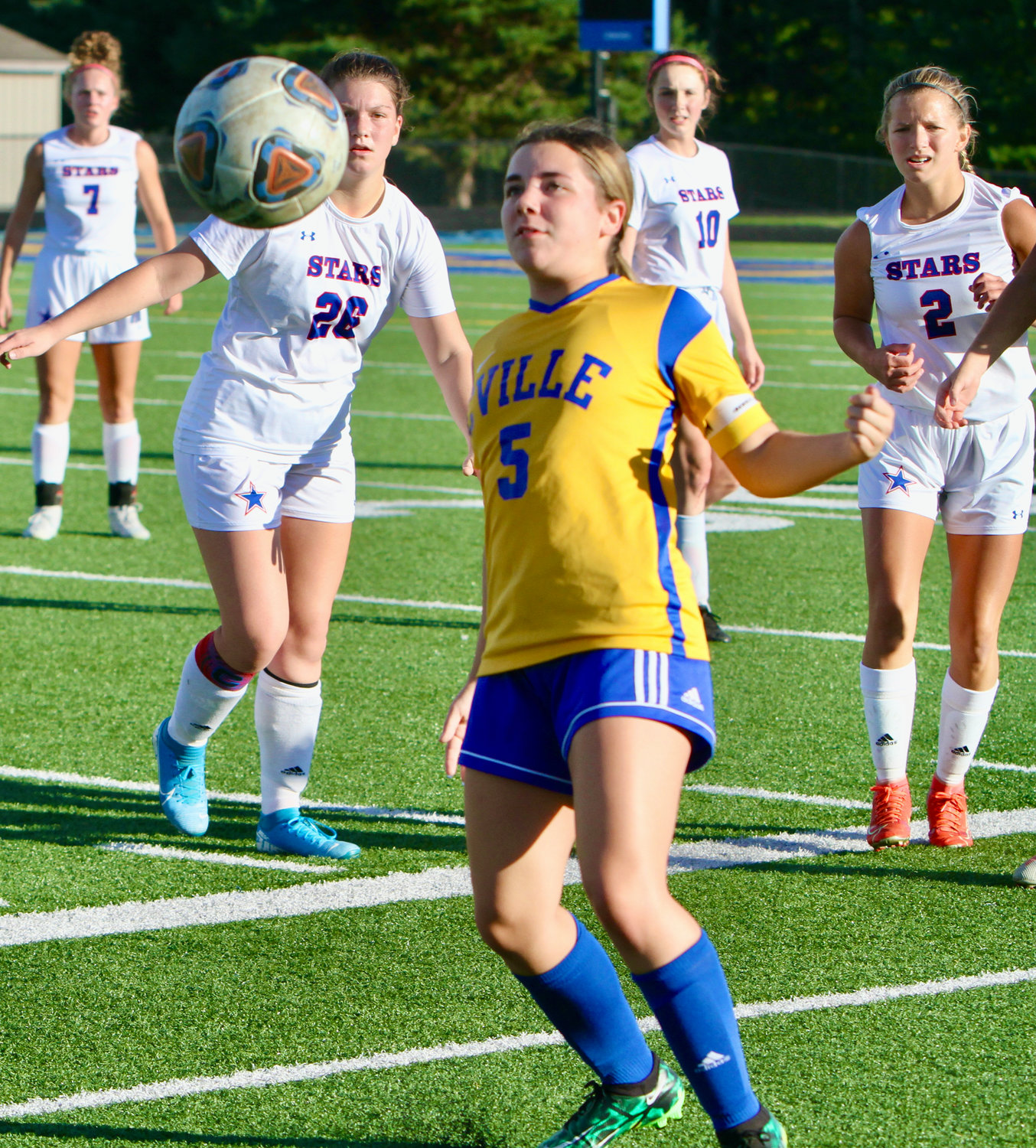 Crawfordsville senior Paige Corbin fields a pass off her chest during the 3-1 loss to Western Boone on Wednesday.